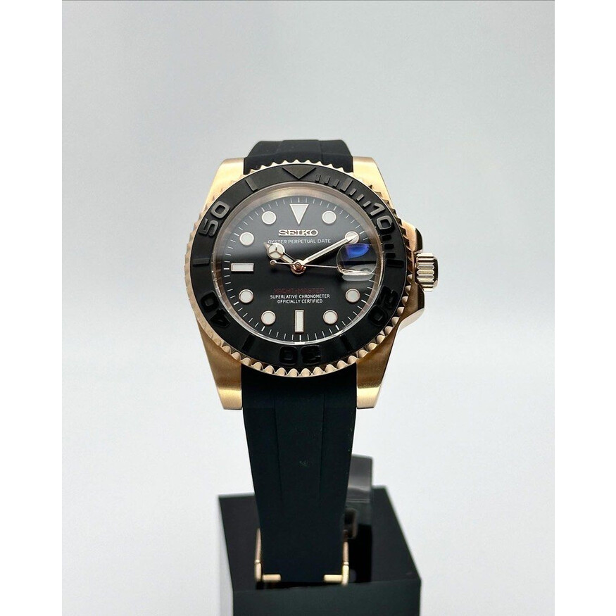 Custom Seiko Mod • Matte Black Red Text Rose Gold Yachtmaster • 40mm